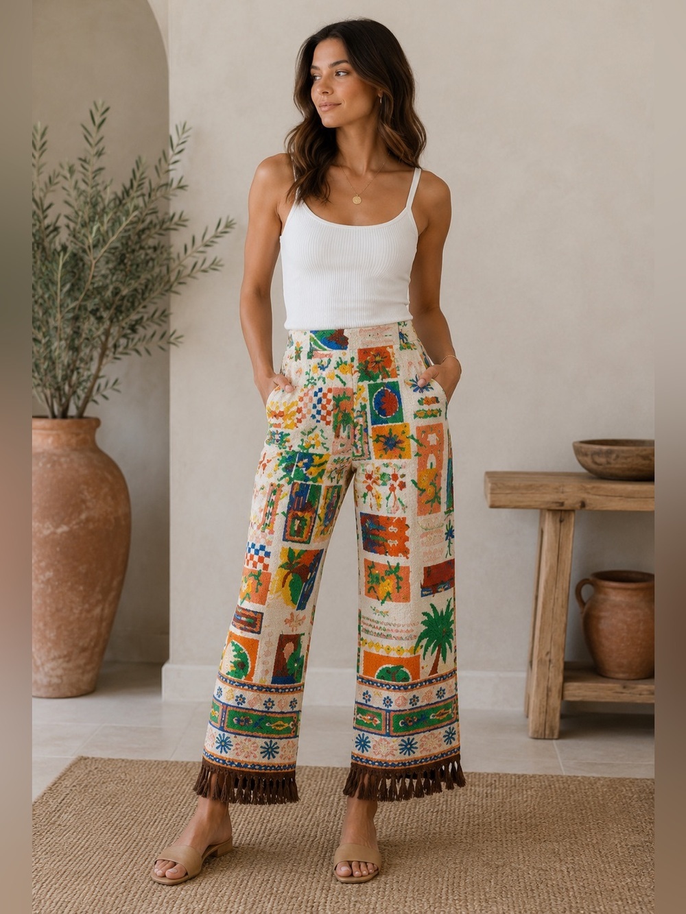 SUGARLIPS Postcard Print Linen Blend Cropped Pants Size XL NEW